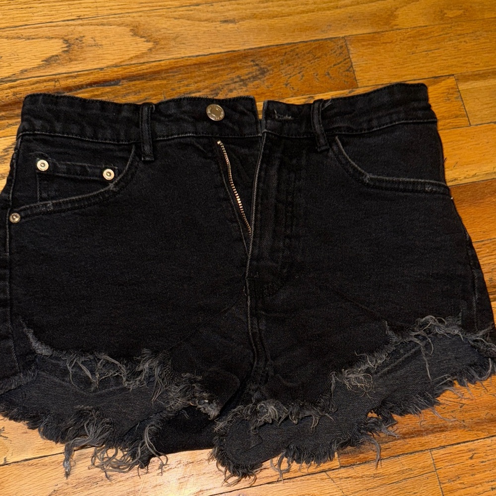 Zara Black Jean Shorts with Frayed Hem